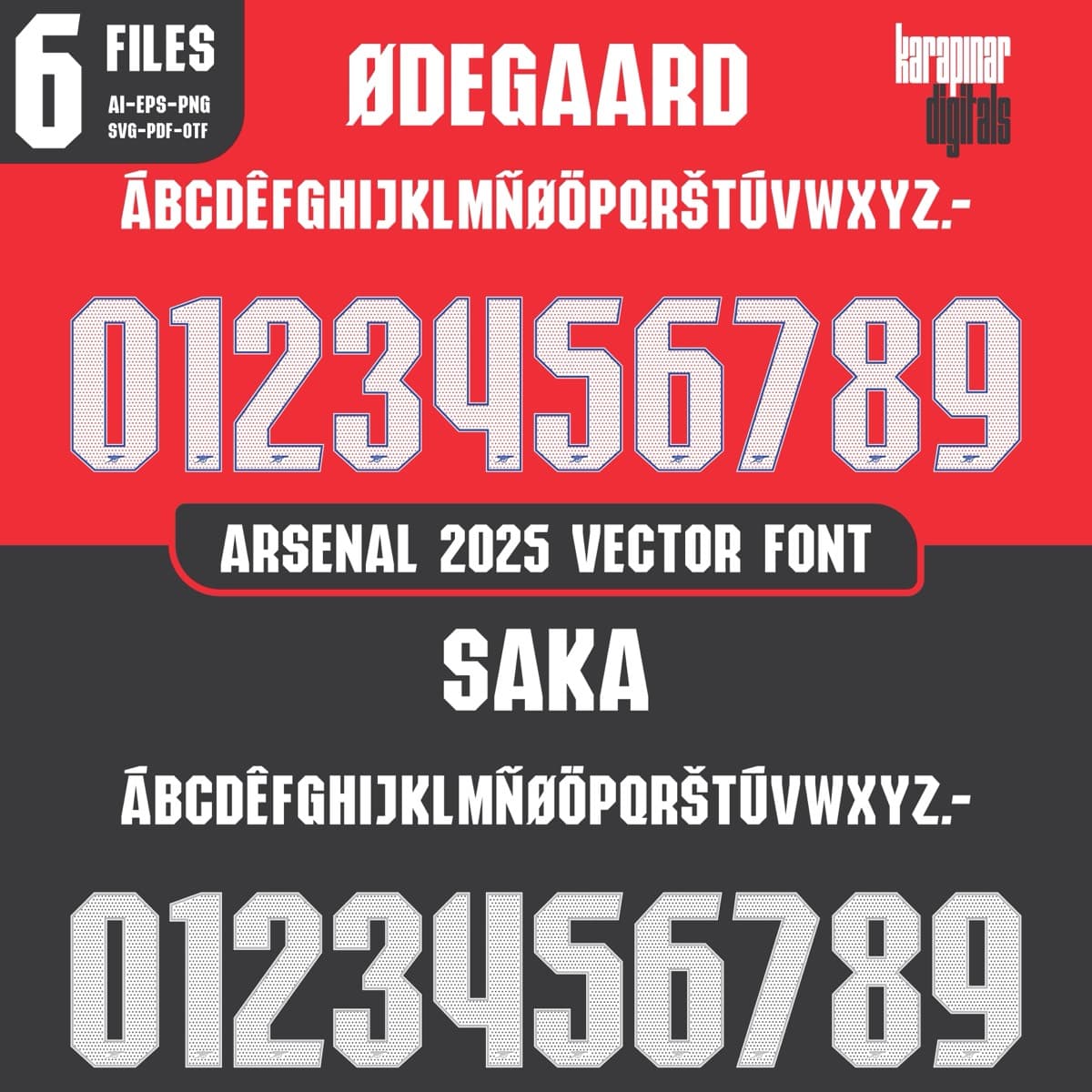 Arsenal 2025 football jersey font for Arsenal — vector letters and numbers preview