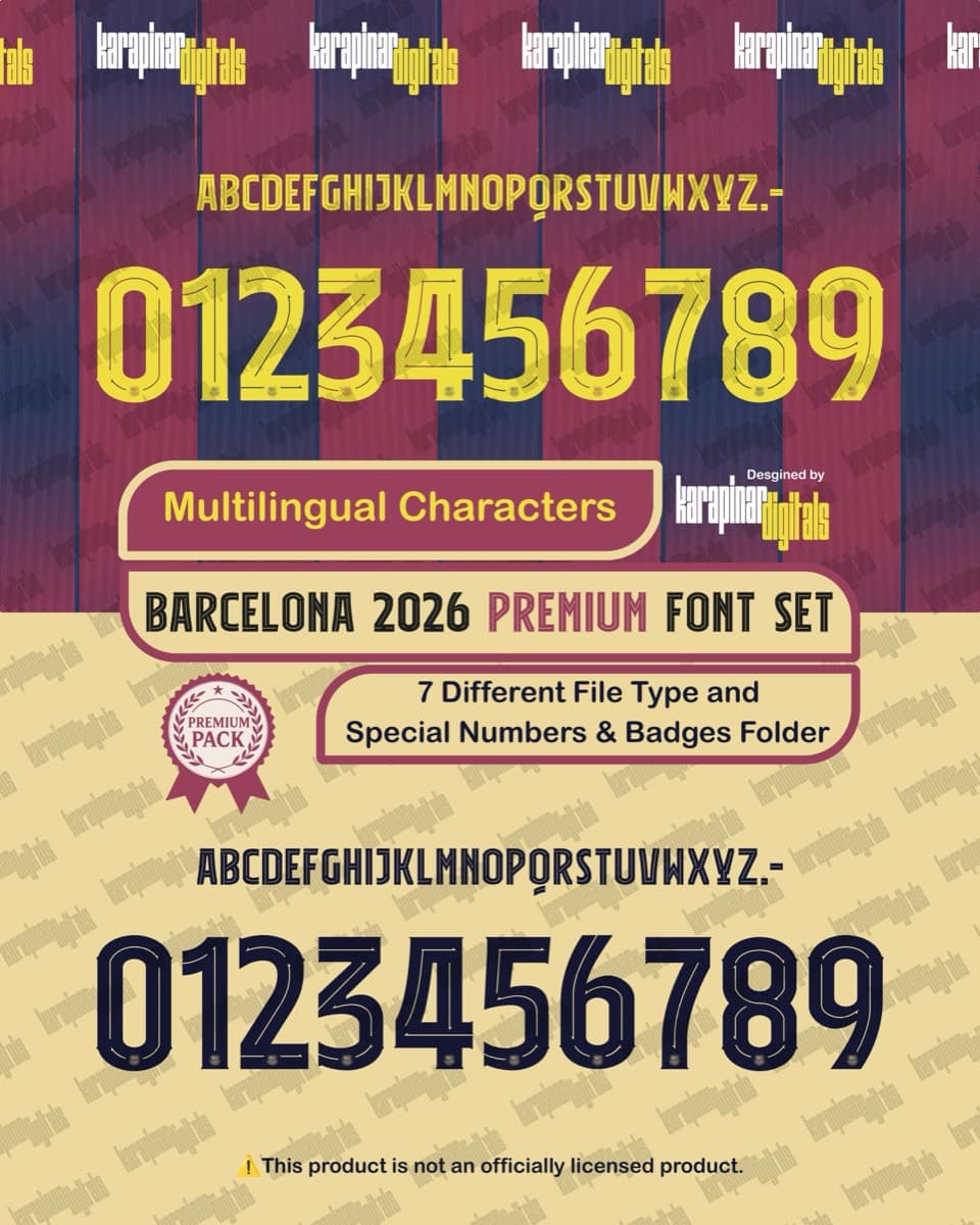 Barcelona 2026 football jersey font for Barcelona — vector letters and numbers preview