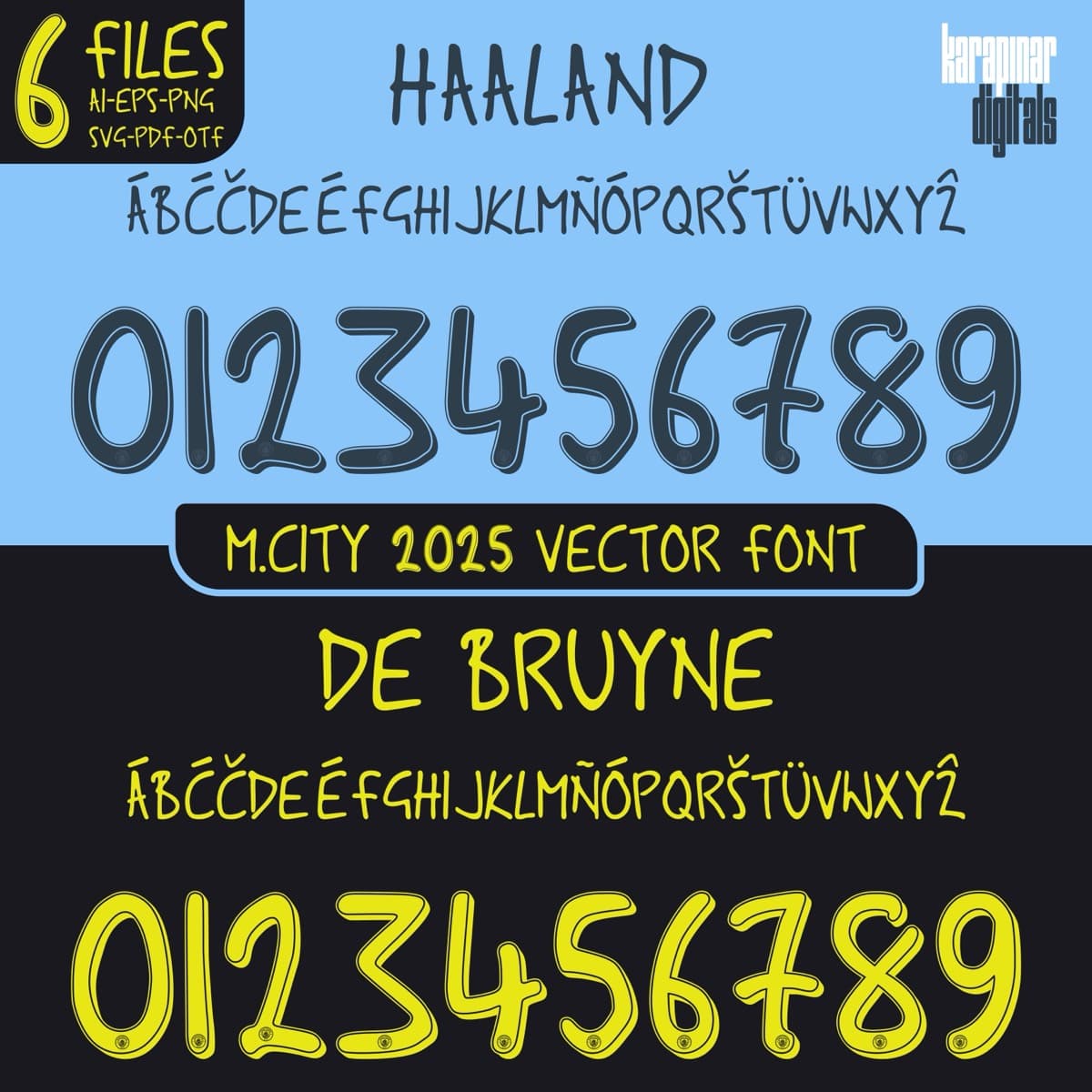 Manchester City 2025 football jersey font for Manchester City — vector letters and numbers preview