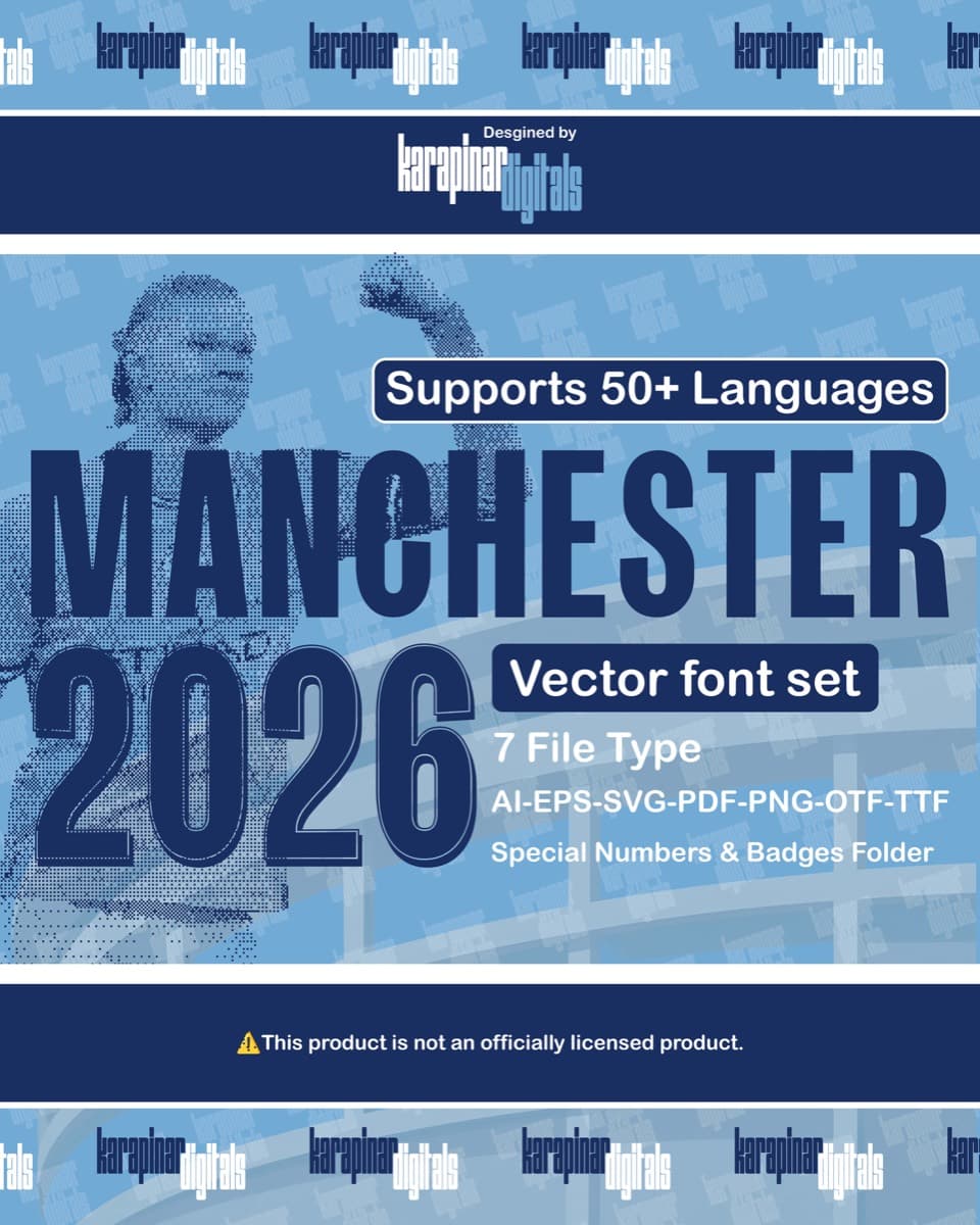 Manchester City 2026 football jersey font for Manchester City — vector letters and numbers preview