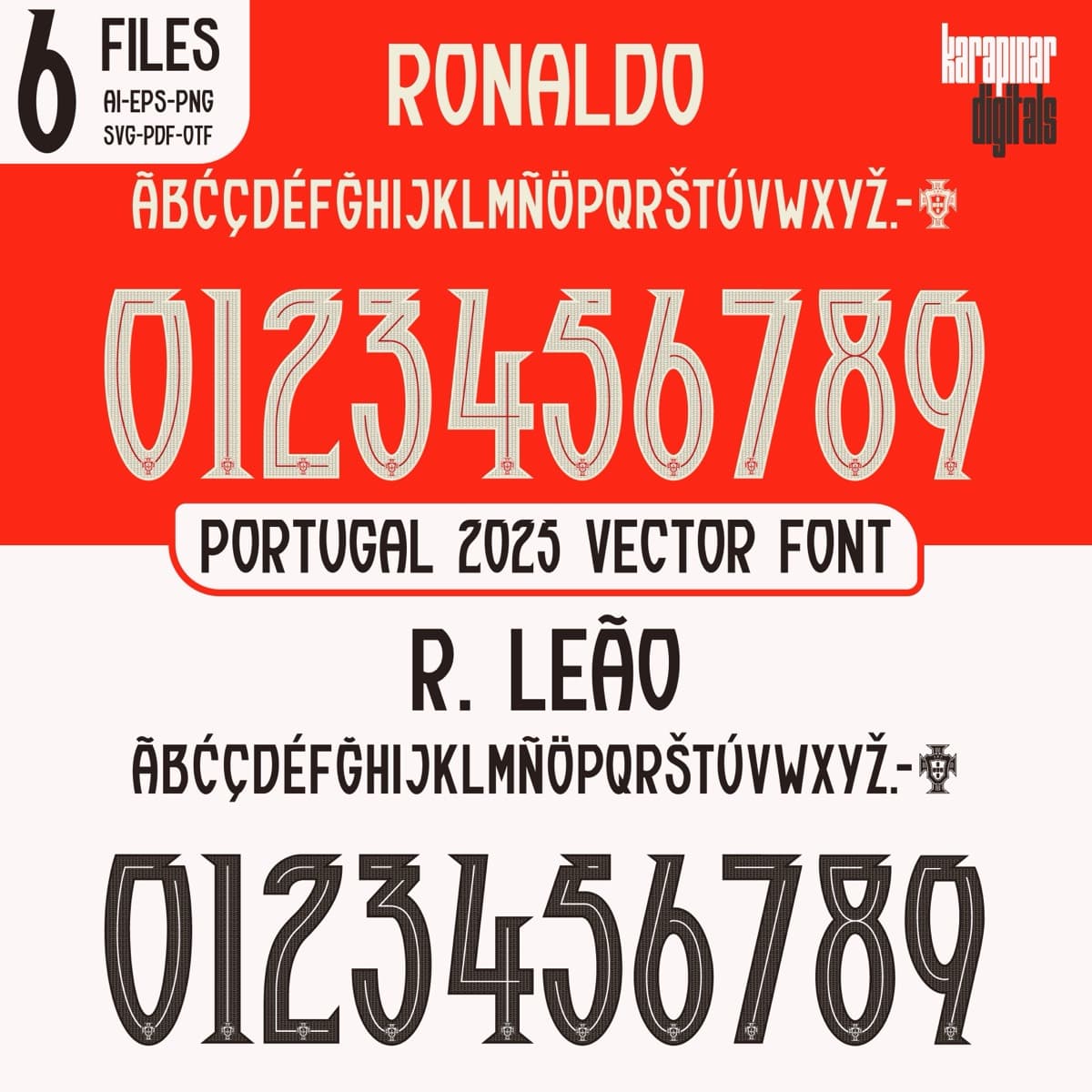Portugal 2025 football jersey font for Portugal National Team — vector letters and numbers preview